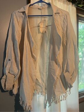 Hem & Thread Cream Fringed Open-Front Top